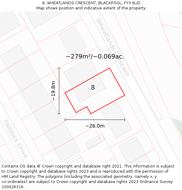8, WHEATLANDS CRESCENT, BLACKPOOL, FY3 9UD: Plot and title map