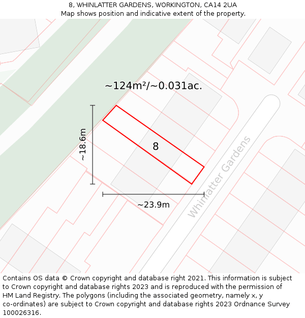 8, WHINLATTER GARDENS, WORKINGTON, CA14 2UA: Plot and title map