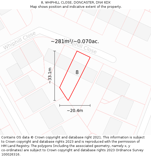 8, WHIPHILL CLOSE, DONCASTER, DN4 6DX: Plot and title map