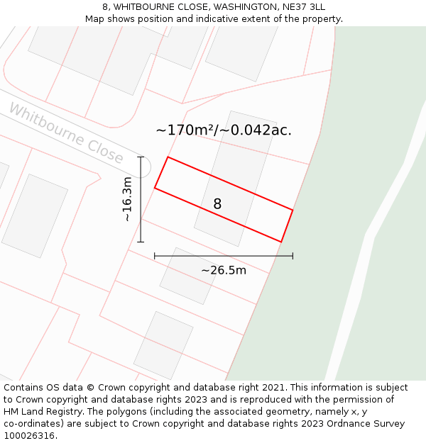 8, WHITBOURNE CLOSE, WASHINGTON, NE37 3LL: Plot and title map