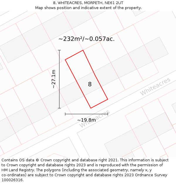 8, WHITEACRES, MORPETH, NE61 2UT: Plot and title map