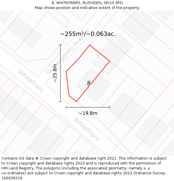 8, WHITEFRIARS, RUSHDEN, NN10 9PD: Plot and title map