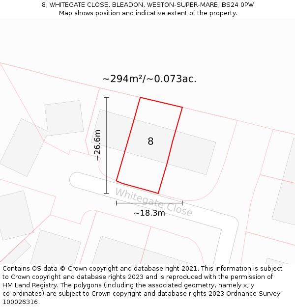 8, WHITEGATE CLOSE, BLEADON, WESTON-SUPER-MARE, BS24 0PW: Plot and title map