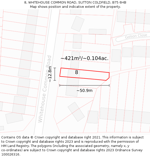 8, WHITEHOUSE COMMON ROAD, SUTTON COLDFIELD, B75 6HB: Plot and title map