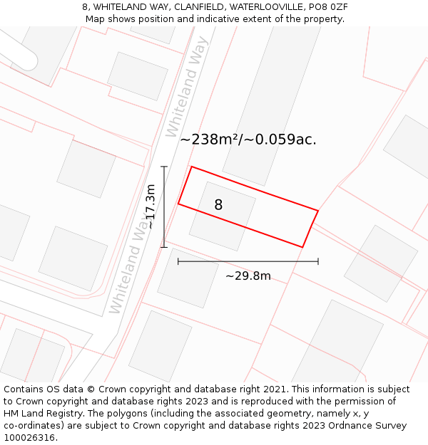 8, WHITELAND WAY, CLANFIELD, WATERLOOVILLE, PO8 0ZF: Plot and title map