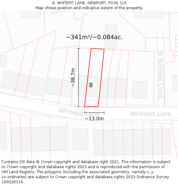 8, WHITEPIT LANE, NEWPORT, PO30 1LX: Plot and title map