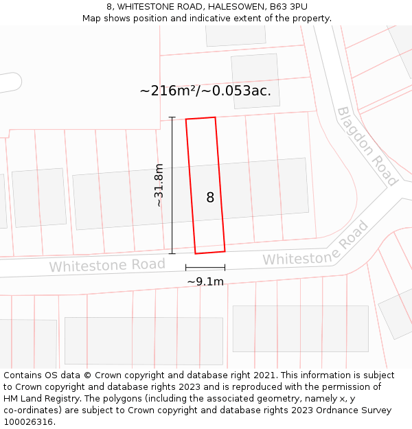 8, WHITESTONE ROAD, HALESOWEN, B63 3PU: Plot and title map