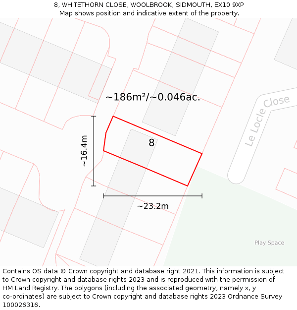 8, WHITETHORN CLOSE, WOOLBROOK, SIDMOUTH, EX10 9XP: Plot and title map