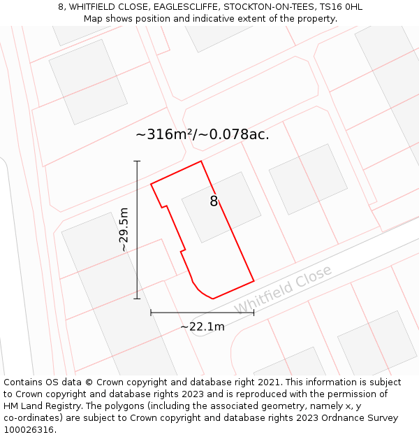 8, WHITFIELD CLOSE, EAGLESCLIFFE, STOCKTON-ON-TEES, TS16 0HL: Plot and title map