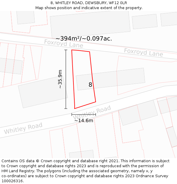 8, WHITLEY ROAD, DEWSBURY, WF12 0LR: Plot and title map