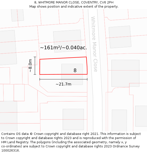 8, WHITMORE MANOR CLOSE, COVENTRY, CV6 2PH: Plot and title map