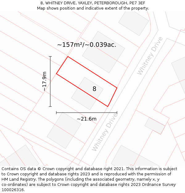 8, WHITNEY DRIVE, YAXLEY, PETERBOROUGH, PE7 3EF: Plot and title map