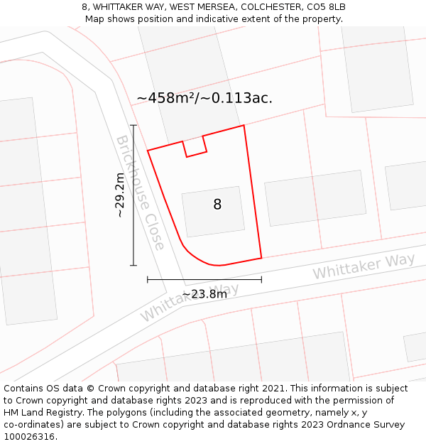 8, WHITTAKER WAY, WEST MERSEA, COLCHESTER, CO5 8LB: Plot and title map