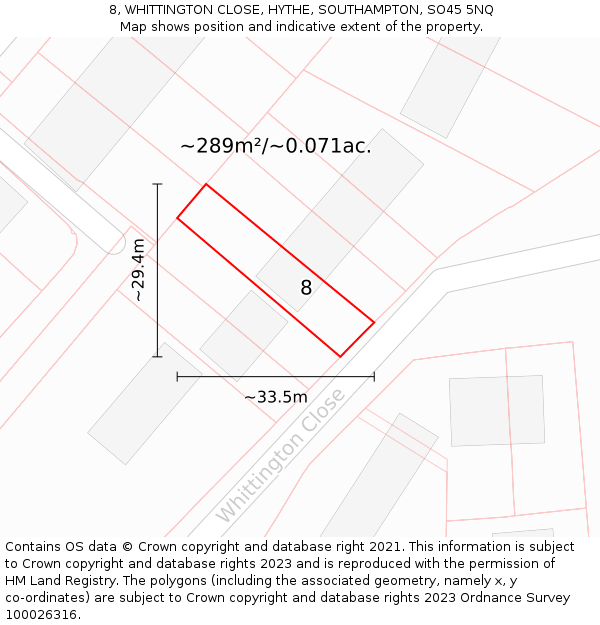 8, WHITTINGTON CLOSE, HYTHE, SOUTHAMPTON, SO45 5NQ: Plot and title map
