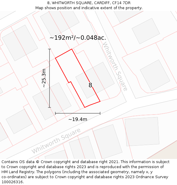 8, WHITWORTH SQUARE, CARDIFF, CF14 7DR: Plot and title map