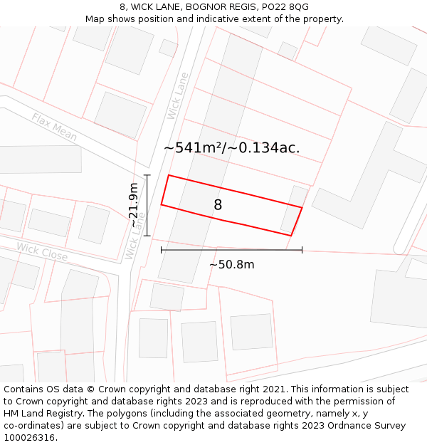 8, WICK LANE, BOGNOR REGIS, PO22 8QG: Plot and title map