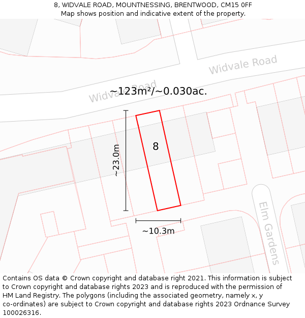 8, WIDVALE ROAD, MOUNTNESSING, BRENTWOOD, CM15 0FF: Plot and title map
