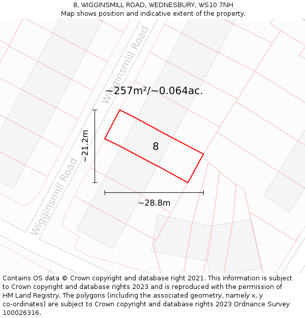 8, WIGGINSMILL ROAD, WEDNESBURY, WS10 7NH: Plot and title map