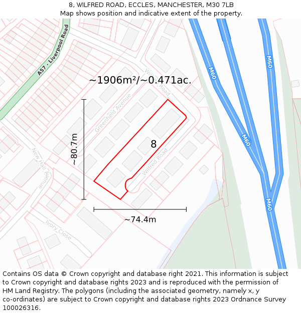 8, WILFRED ROAD, ECCLES, MANCHESTER, M30 7LB: Plot and title map