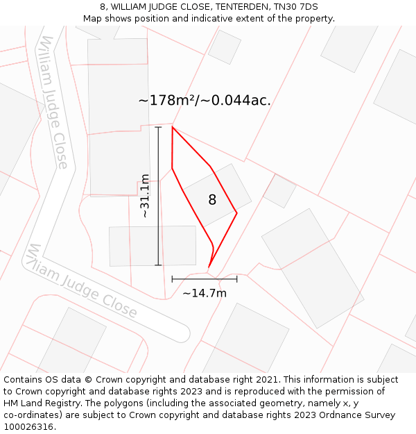 8, WILLIAM JUDGE CLOSE, TENTERDEN, TN30 7DS: Plot and title map
