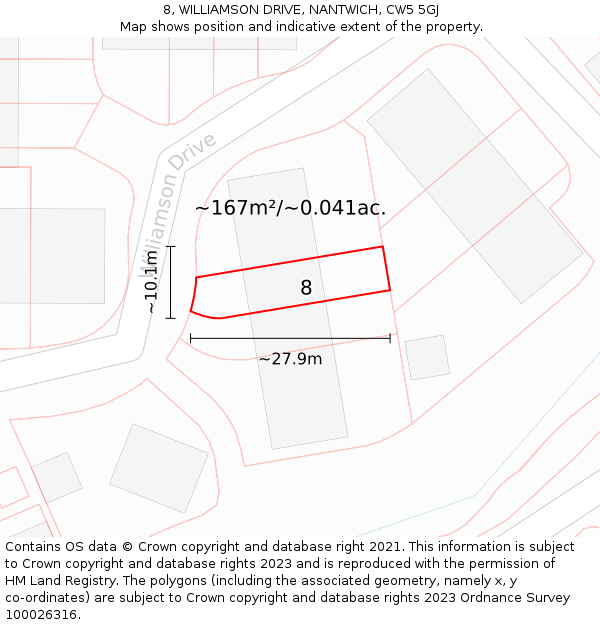 8, WILLIAMSON DRIVE, NANTWICH, CW5 5GJ: Plot and title map