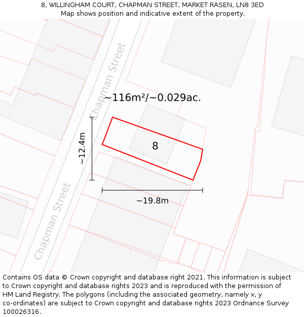 8, WILLINGHAM COURT, CHAPMAN STREET, MARKET RASEN, LN8 3ED: Plot and title map