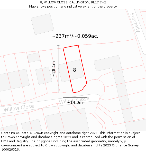 8, WILLOW CLOSE, CALLINGTON, PL17 7HZ: Plot and title map