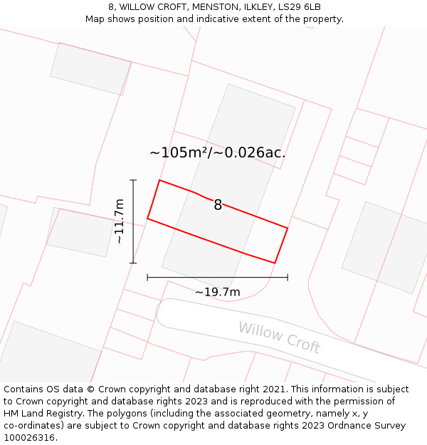 8, WILLOW CROFT, MENSTON, ILKLEY, LS29 6LB: Plot and title map