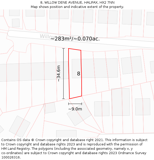 8, WILLOW DENE AVENUE, HALIFAX, HX2 7NN: Plot and title map