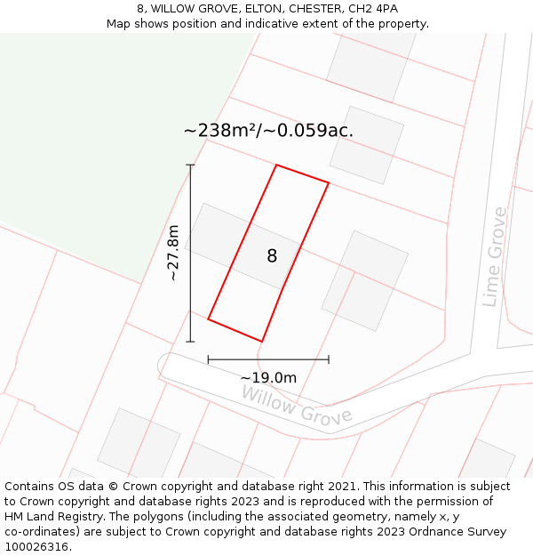 8, WILLOW GROVE, ELTON, CHESTER, CH2 4PA: Plot and title map