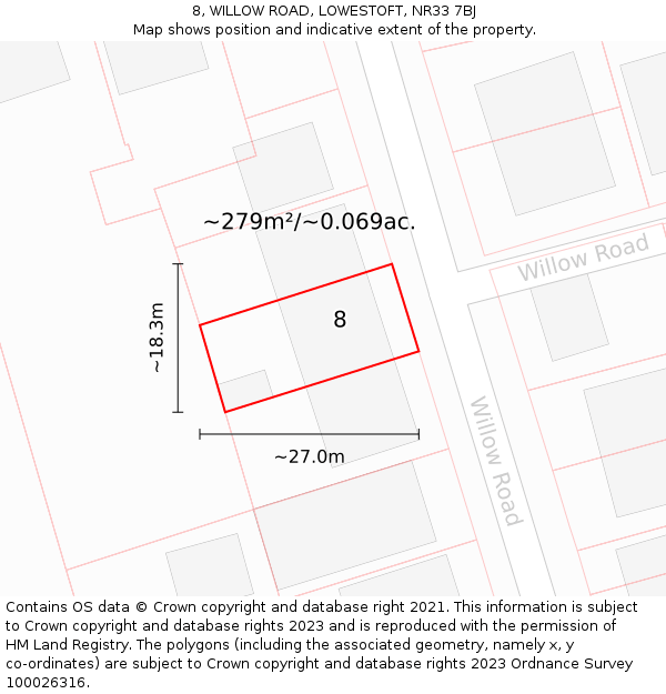 8, WILLOW ROAD, LOWESTOFT, NR33 7BJ: Plot and title map