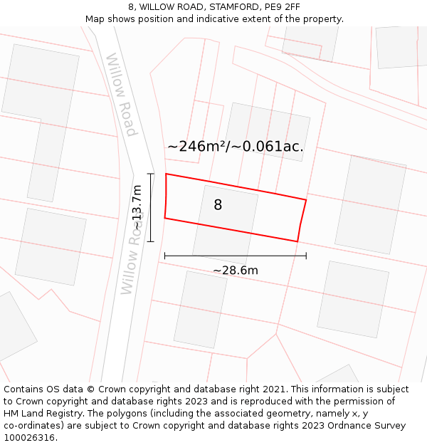 8, WILLOW ROAD, STAMFORD, PE9 2FF: Plot and title map