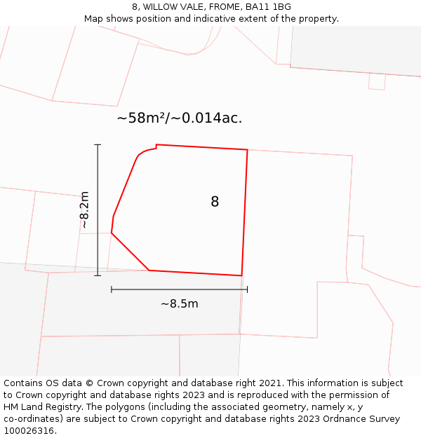 8, WILLOW VALE, FROME, BA11 1BG: Plot and title map