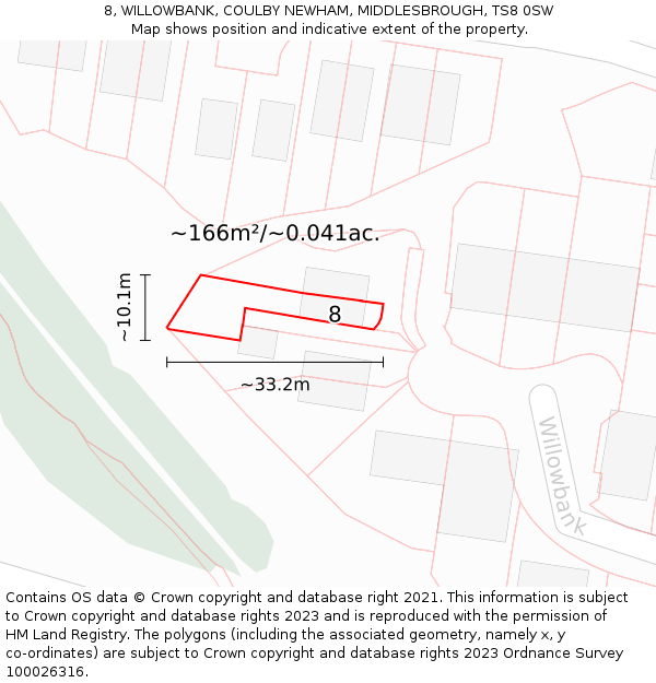 8, WILLOWBANK, COULBY NEWHAM, MIDDLESBROUGH, TS8 0SW: Plot and title map