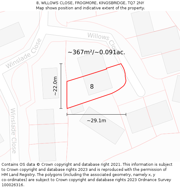 8, WILLOWS CLOSE, FROGMORE, KINGSBRIDGE, TQ7 2NY: Plot and title map