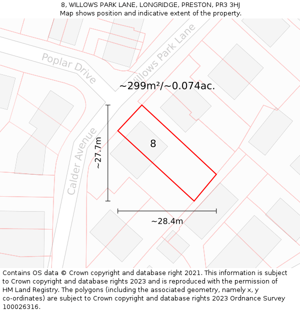 8, WILLOWS PARK LANE, LONGRIDGE, PRESTON, PR3 3HJ: Plot and title map