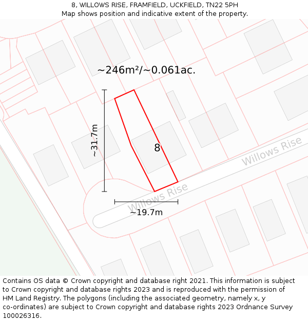 8, WILLOWS RISE, FRAMFIELD, UCKFIELD, TN22 5PH: Plot and title map