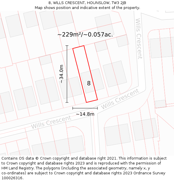 8, WILLS CRESCENT, HOUNSLOW, TW3 2JB: Plot and title map