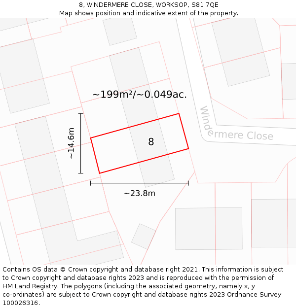 8, WINDERMERE CLOSE, WORKSOP, S81 7QE: Plot and title map