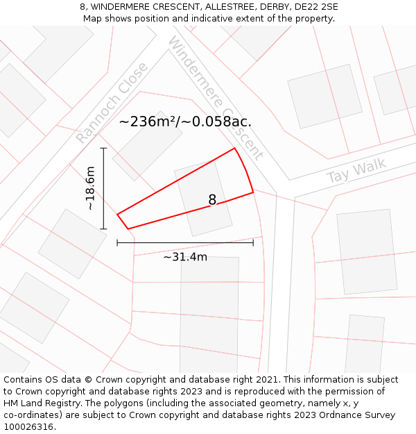 8, WINDERMERE CRESCENT, ALLESTREE, DERBY, DE22 2SE: Plot and title map