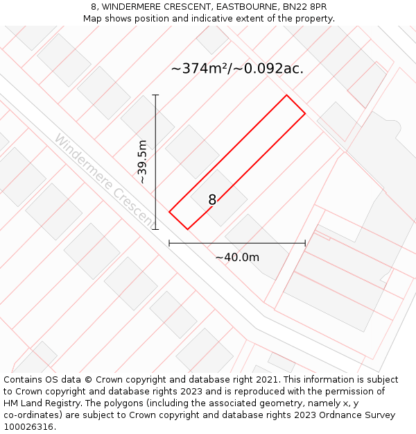8, WINDERMERE CRESCENT, EASTBOURNE, BN22 8PR: Plot and title map