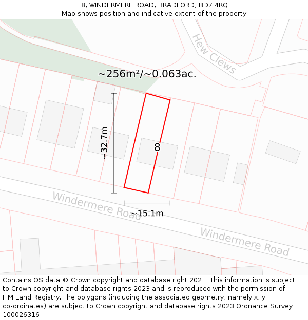 8, WINDERMERE ROAD, BRADFORD, BD7 4RQ: Plot and title map