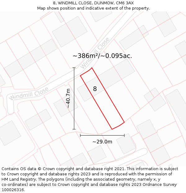 8, WINDMILL CLOSE, DUNMOW, CM6 3AX: Plot and title map
