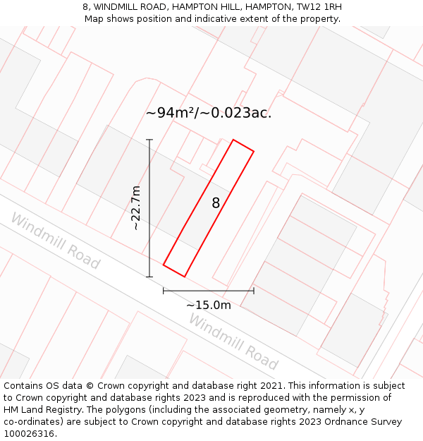 8, WINDMILL ROAD, HAMPTON HILL, HAMPTON, TW12 1RH: Plot and title map