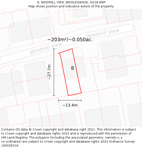 8, WINDMILL VIEW, BIGGLESWADE, SG18 8WP: Plot and title map