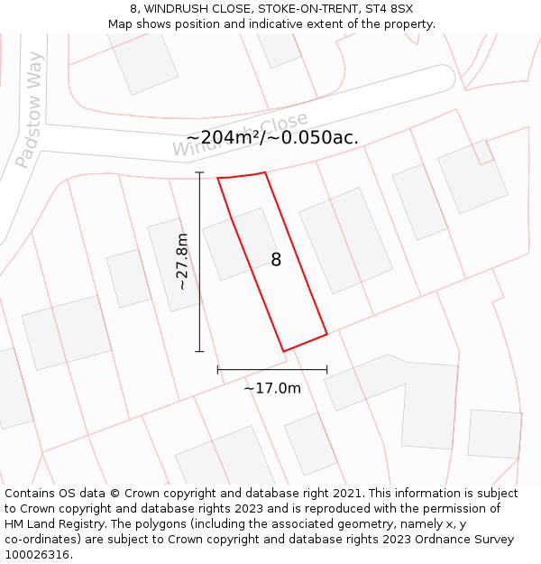 8, WINDRUSH CLOSE, STOKE-ON-TRENT, ST4 8SX: Plot and title map