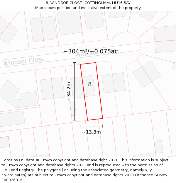 8, WINDSOR CLOSE, COTTINGHAM, HU16 5AY: Plot and title map