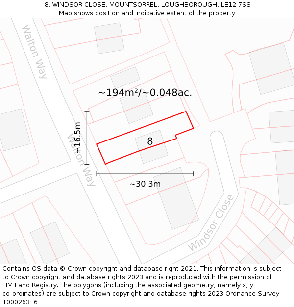 8, WINDSOR CLOSE, MOUNTSORREL, LOUGHBOROUGH, LE12 7SS: Plot and title map