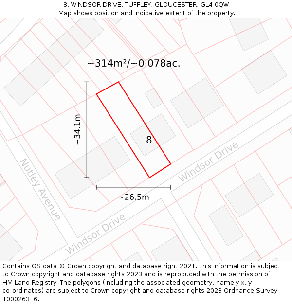 8, WINDSOR DRIVE, TUFFLEY, GLOUCESTER, GL4 0QW: Plot and title map