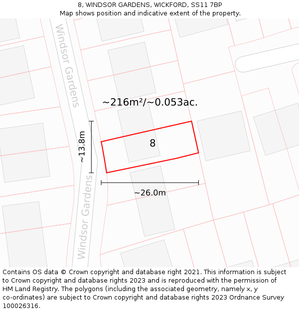 8, WINDSOR GARDENS, WICKFORD, SS11 7BP: Plot and title map